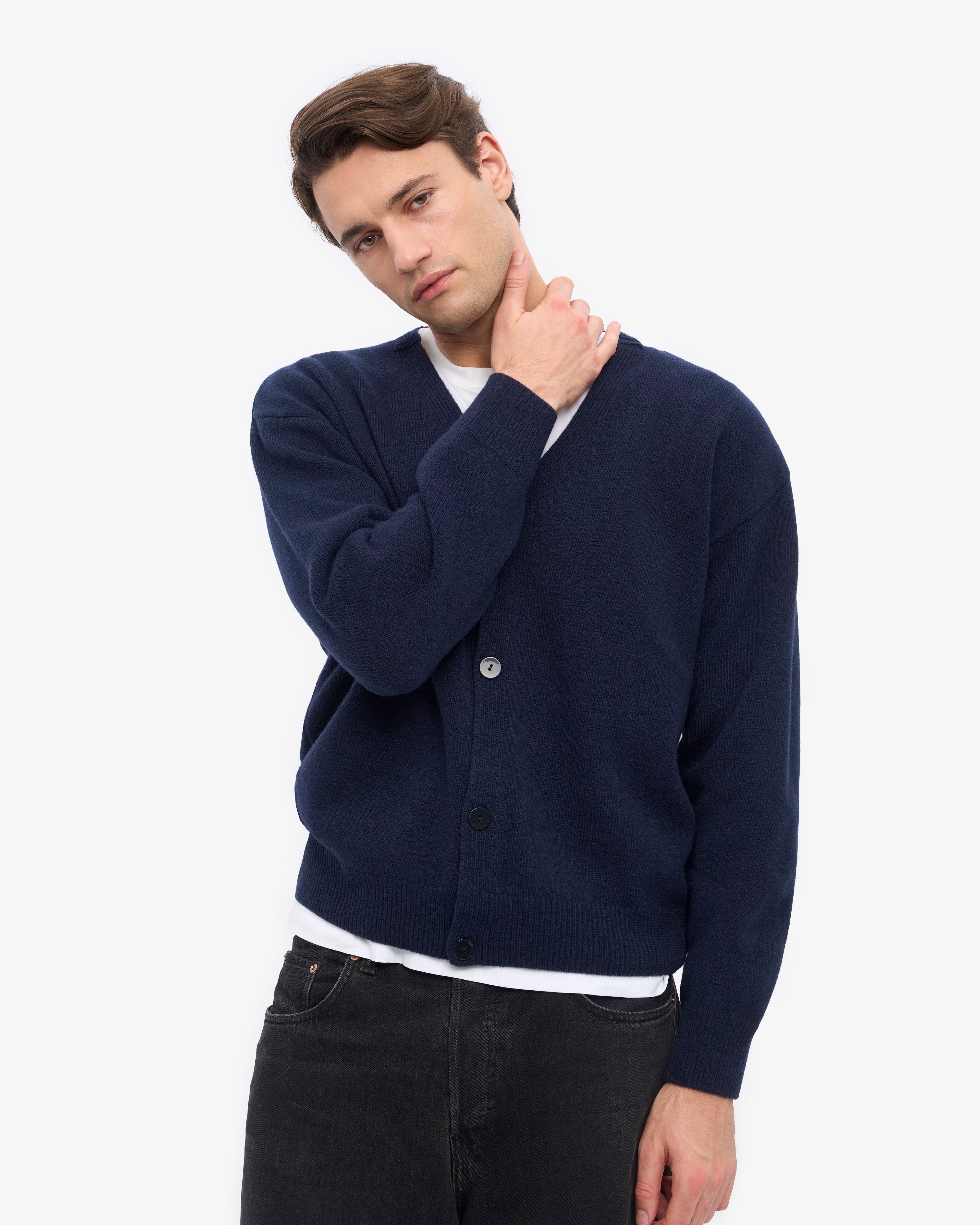 Merino Wool V-Neck Cardigan - Navy Blue